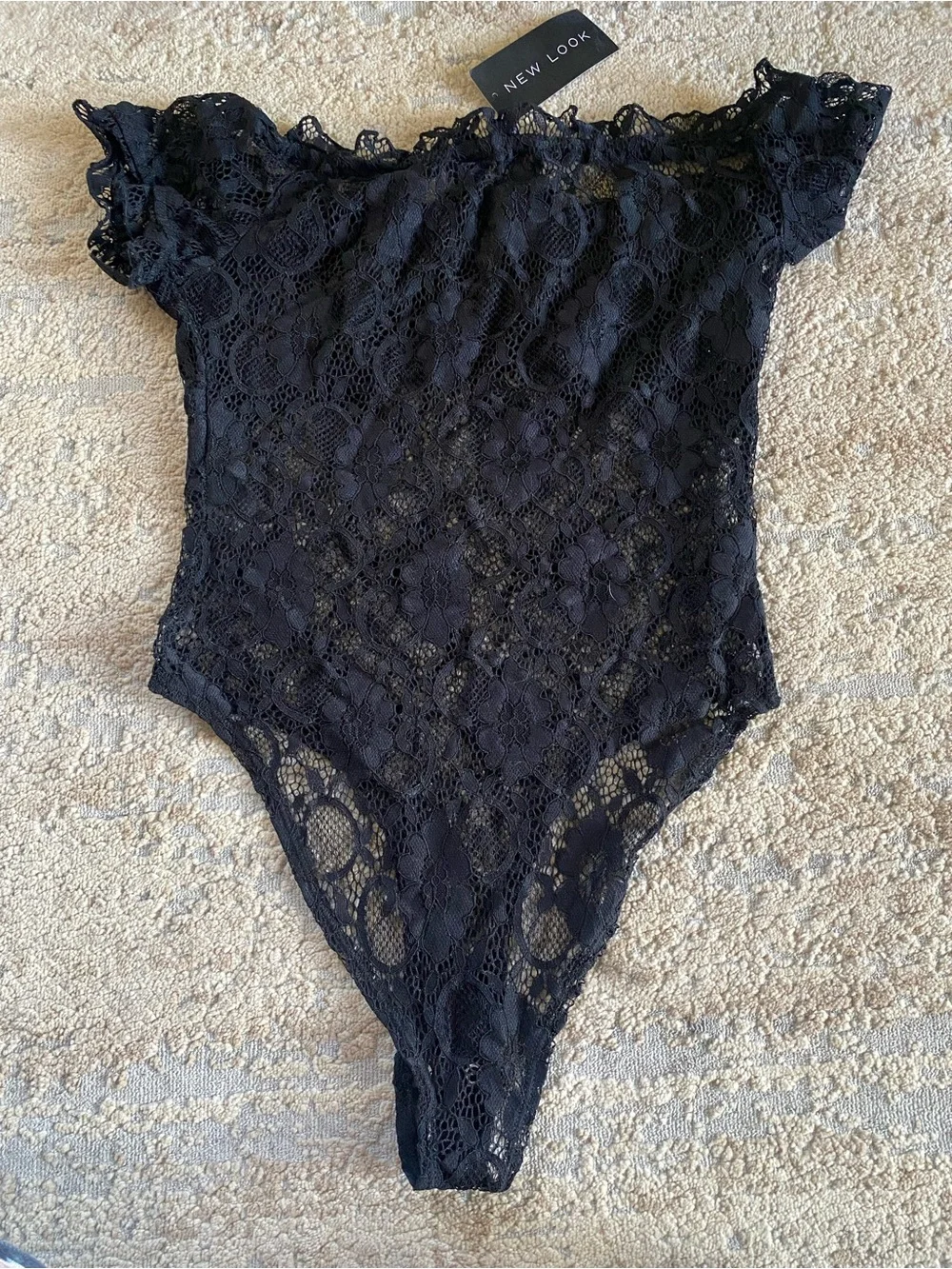 New Look NWT Black Sheer Lace Off-Shoulder Bodysuit Short Sleeve: 10